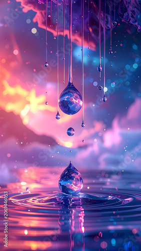 Pixelated raindrops falling into shimmering water, vibrant sunset sky, abstract digital art, ethereal mood