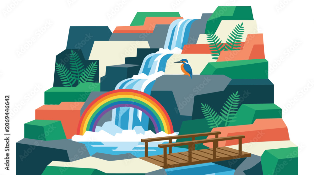 Fototapeta premium Colorful waterfall, rainbow, bridge, landscape vector illustration, nature scenery, scenic view