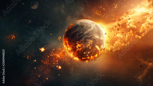 Epic space collision event, planetary impact in dark cosmos, moon hitting planet, celestial destruction, brilliant cosmic explosion, dark space theme, science fiction cataclysm, dr