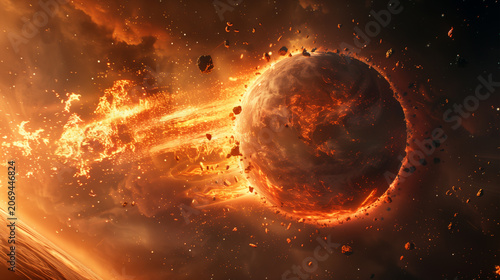Epic space collision event, planetary impact in dark cosmos, moon hitting planet, celestial destruction, brilliant cosmic explosion, dark space theme, science fiction cataclysm, dr