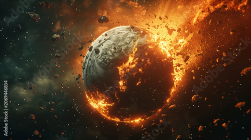Epic space collision event, planetary impact in dark cosmos, moon hitting planet, celestial destruction, brilliant cosmic explosion, dark space theme, science fiction cataclysm, dr