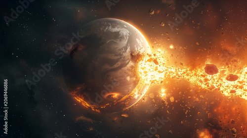 Planetary collision in deep space, dramatic cosmic impact event, massive planet crashing into moon, intense celestial explosion, dark space background, glowing debris and molten ro