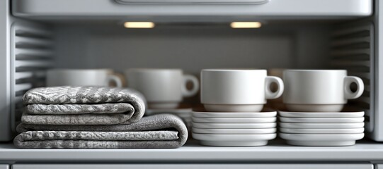 Cups, folded blankets, and trays arranged neatly on aircraft galley surface