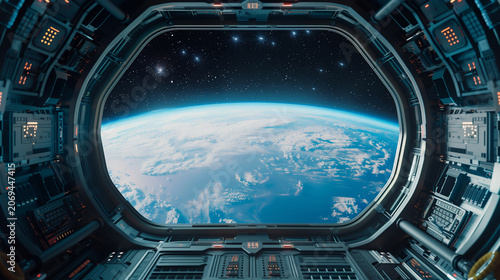 Spaceship cockpit view of Earth, futuristic space station window, orbital view of planet Earth, sci-fi spacecraft interior, astronaut perspective of Earth, space travel observation