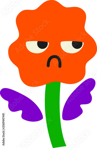 Angry orange flower mascot in Naive Style faced with purple leaves