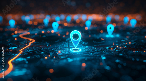 Digital map with glowing location pins, global navigation technology, interactive GPS tracking concept, futuristic city logistics, digital geolocation pins, worldwide network conne