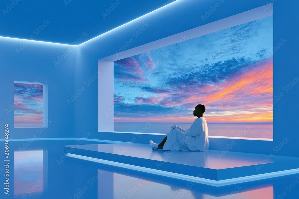 Fototapeta premium Solitary man seated in a minimalist blue interior looking at a vivid sunset over the sea