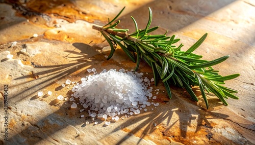 Organic Rosemary Herb with Sea Salt Crystals on Rustic Stone Background