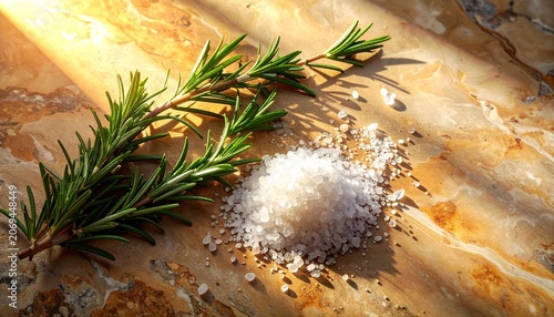 Fresh Rosemary Sprigs with Coarse Sea Salt on Natural Stone Surface