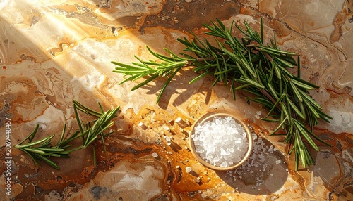 Fresh Culinary Rosemary and Coarse Salt for Healthy Cooking Concept