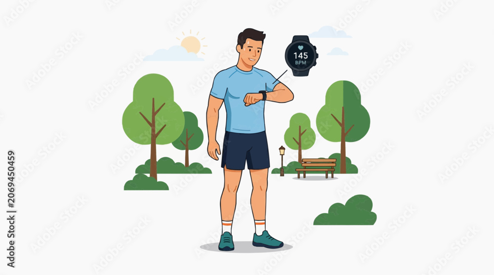 Fototapeta premium Man checking heart rate on smartwatch during outdoor exercise Isolated on transparent background