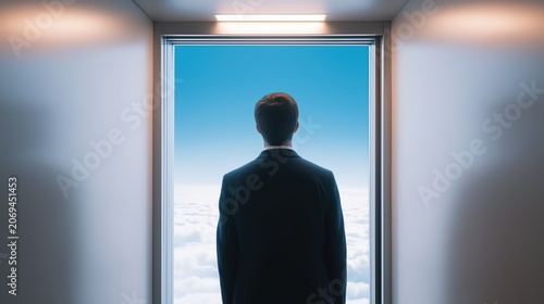 Person waiting for an elevator that opens into an endless blue sky, blending everyday office routine with surreal possibility and optimism.