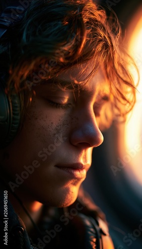 Young passenger resting with headphones beside glowing airplane window