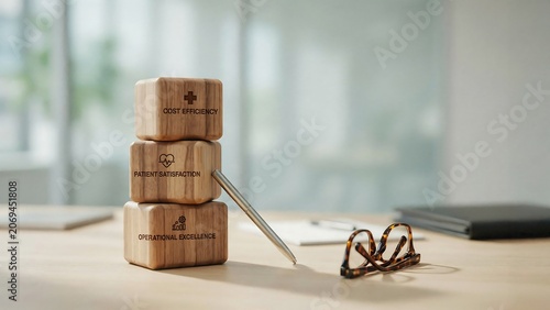 Wooden blocks with business concepts and glasses on office desk