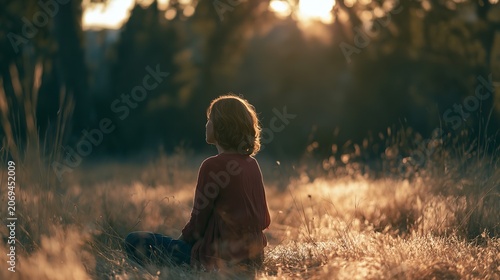 Young person sitting in a field of grass during golden hour sunset.