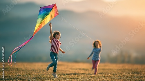 Two girls flying a colorful kite in a grassy field at sunset
