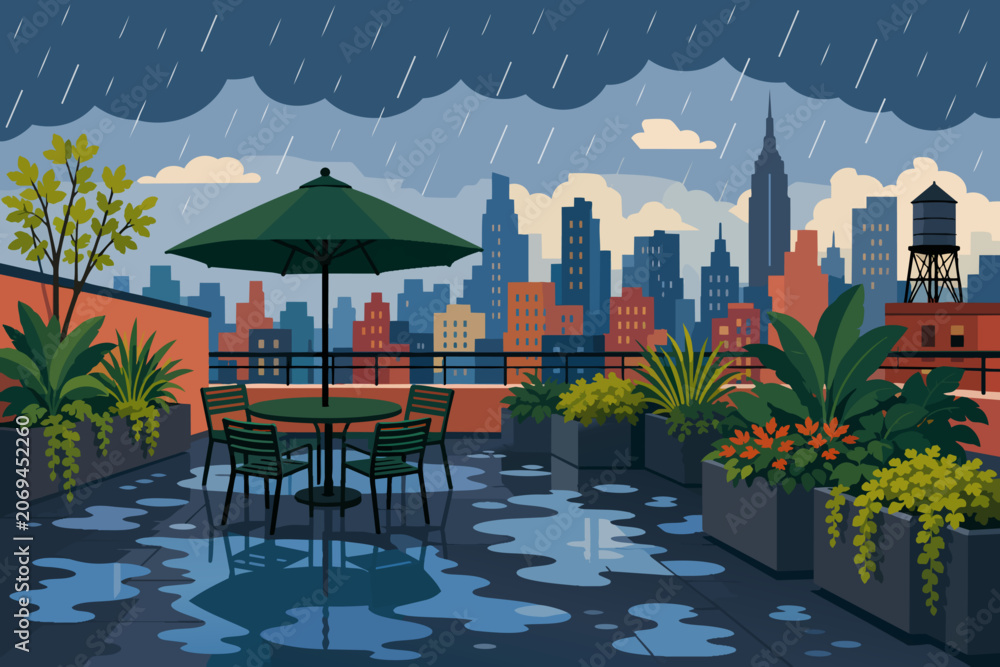 Fototapeta premium Rainy City Rooftop Garden Scene With Umbrella Table and Plants