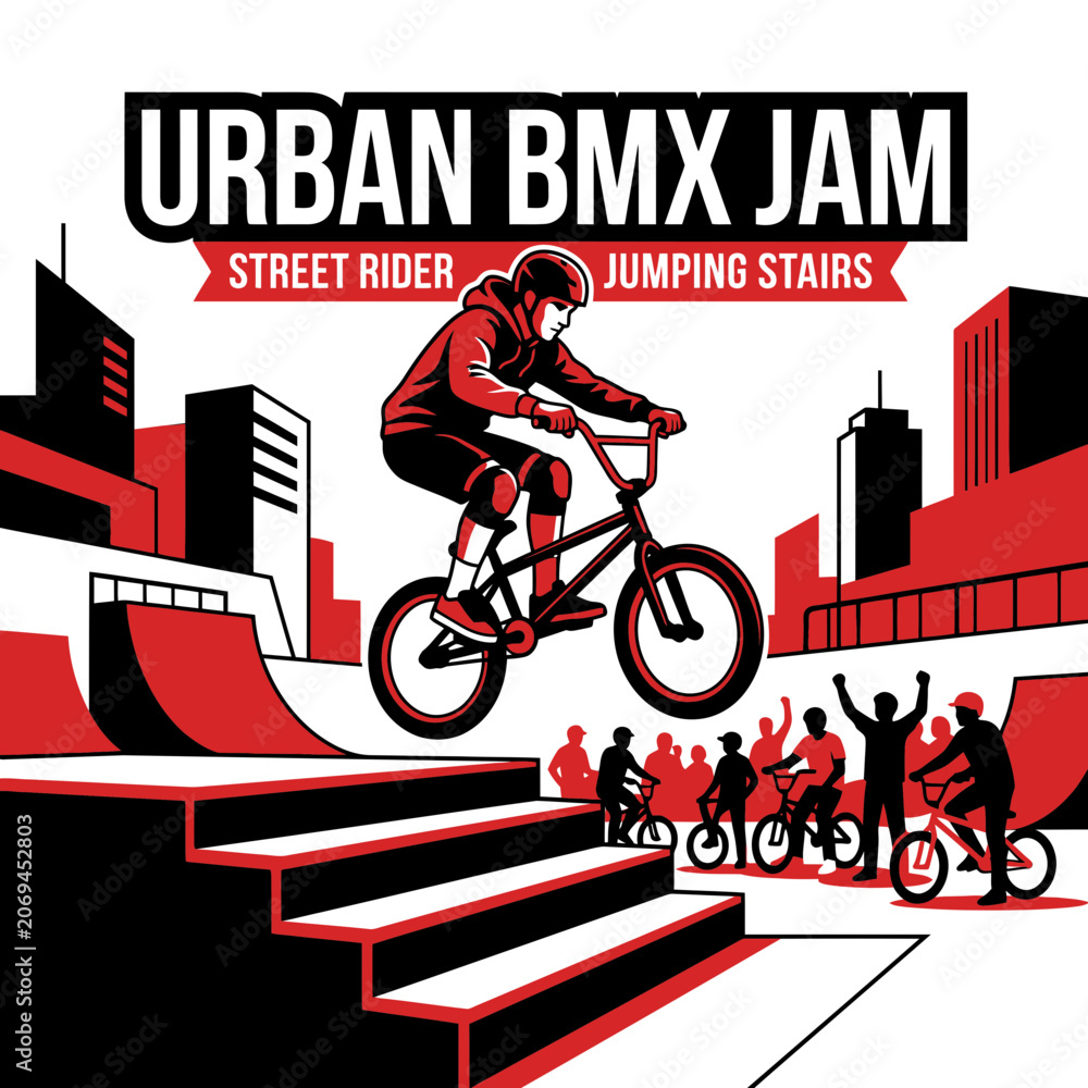 Naklejka premium Urban Bmx Jam Street Rider Jumping Stairs Excitement