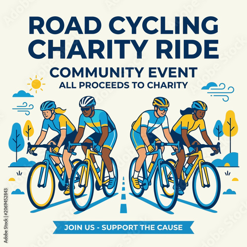 Active Community Road Cycling For Charity Event Fun Illustration