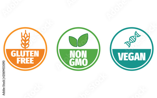 Photography Set of dietary and lifestyle icons including gluten free, non gmo and vegan labe