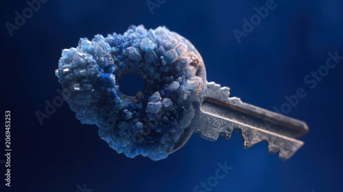 Key covered in blue crystalline structure suspended in mid-air against a dark blue background, showcasing intricate details of the crystals and metal key