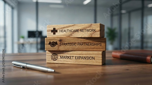 Wooden blocks with business strategy concepts on office desk with pen and book