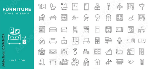 Fotografie Furniture and home interior outline icon set vector collection