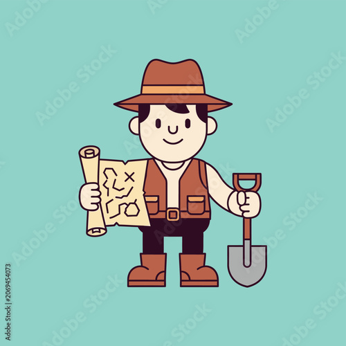 Cartoon Character Holding Shovel and Map.