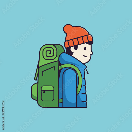 Cartoon man with orange beanie backpack.