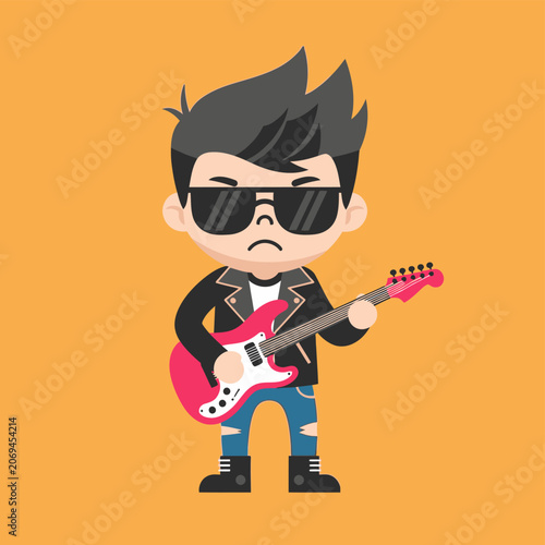 Cartoon rocker boy with pink guitar.