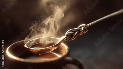 Silver spoon with intricate design rests on the edge of a steaming cup of coffee, with wisps of steam rising in a softly lit setting