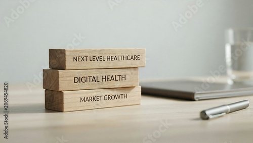 Wooden blocks with healthcare and business growth phrases on desk with notebook and pen