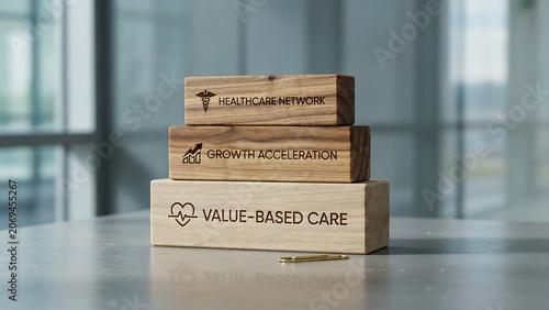 Wooden blocks with healthcare and business concepts on a table