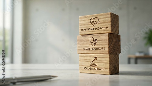 Wooden blocks with healthcare and growth concepts on office table