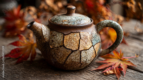 Vintage ceramic teapot with intricate crackle glaze, surrounded by autumn leaves on rustic wooden surface, showcasing the beauty of traditional craftsmanship and seasonal ambiance