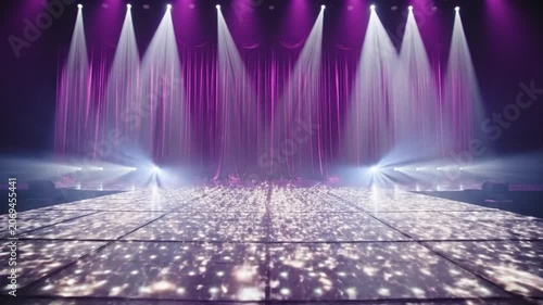 Empty stage with bright spotlights and purple curtains