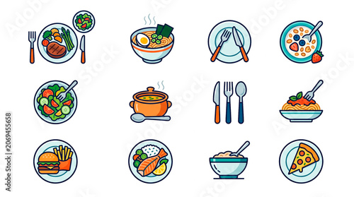 Collection of diverse food icons including steak, salad, ramen, soup, pasta, burger, fish, cereal, and pizza