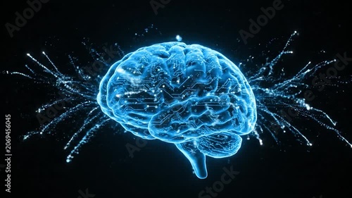 A glowing blue digital human brain with circuit board patterns