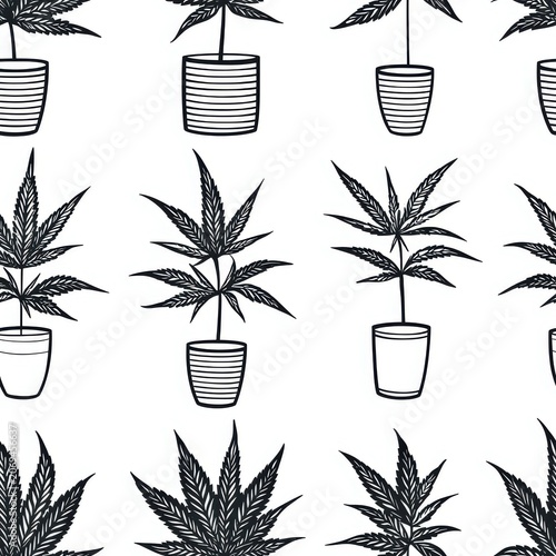 Seamless pattern featuring hand-drawn cannabis plants in pots, monochrome botanical illustration for textile prints, wallpaper backgrounds, and creative surface graphics
