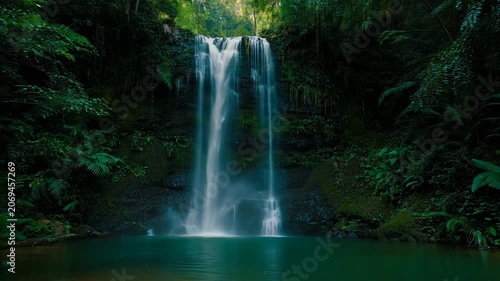 Majestic waterfall flowing down a dark rocky cliff surrounded by lush green tropical jungle forest. Concept of untouched wild nature beauty