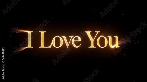 Glowing golden text reading I Love You emerging from dark smoke against a black background. Romantic message and confession concept