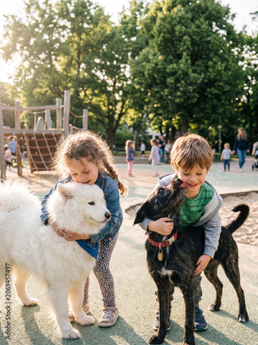 Children playing with purebred and mixed breed dogs at a playground, representing inclusion, diversity, equality, friendship, pet adoption, empathy, and positive human animal relationships.