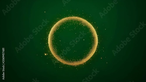 Glowing golden particle ring shining and sparkling on a dark green background. Concept of luxury design backdrop