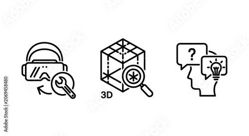 Virtual reality tech icons with vr headset configuration 3D object analysis human insight discovery technology analysis magnifying configuration geometry question lightbulb innovation