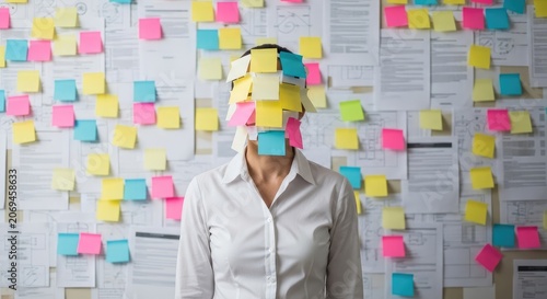 Woman covered in sticky notes stands in front of office wall