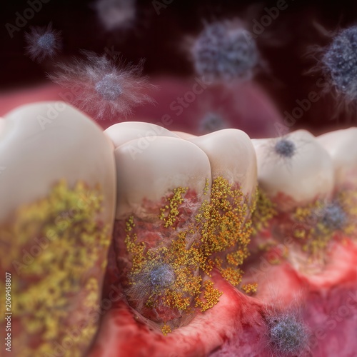 human teeth and inflamed gums with visible plaque and bacteria colonies on surface