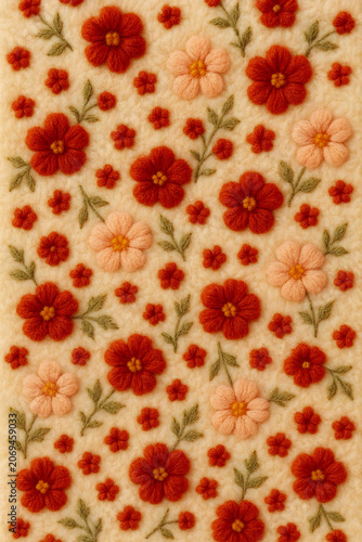 Seamless floral pattern featuring embroidered red and pink flowers with green leaves on a soft, creamy beige fabric background