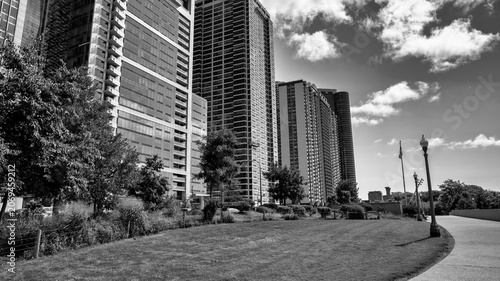 Downtown Chicago skyscrapers with blue sky from Millennium Park