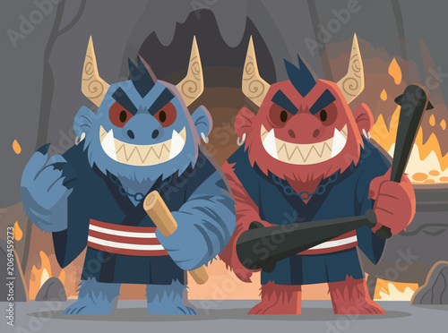 Foto Two menacing Oni stand guard before a blazing inferno.