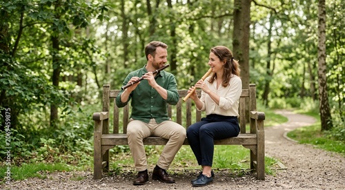 Happy couple playing wooden flutes together on a park bench. Smiling man and woman enjoying a musical hobby in a green forest. Outdoor leisure